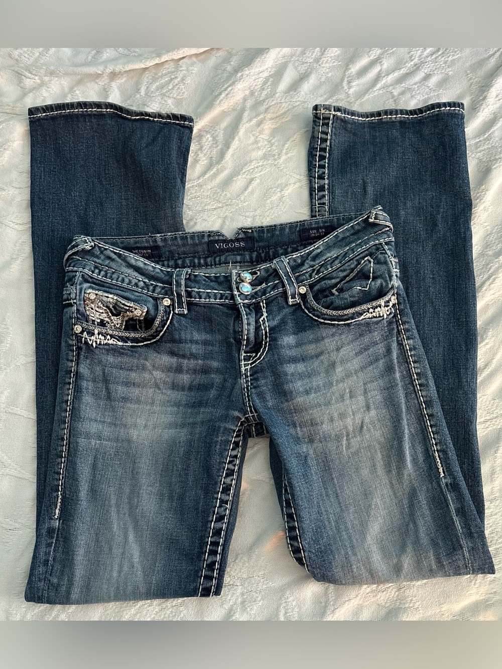 Vigoss The Dublin Boot Cut Low Rise Vintage Blue Embellished Jeans 5/6 Length 33